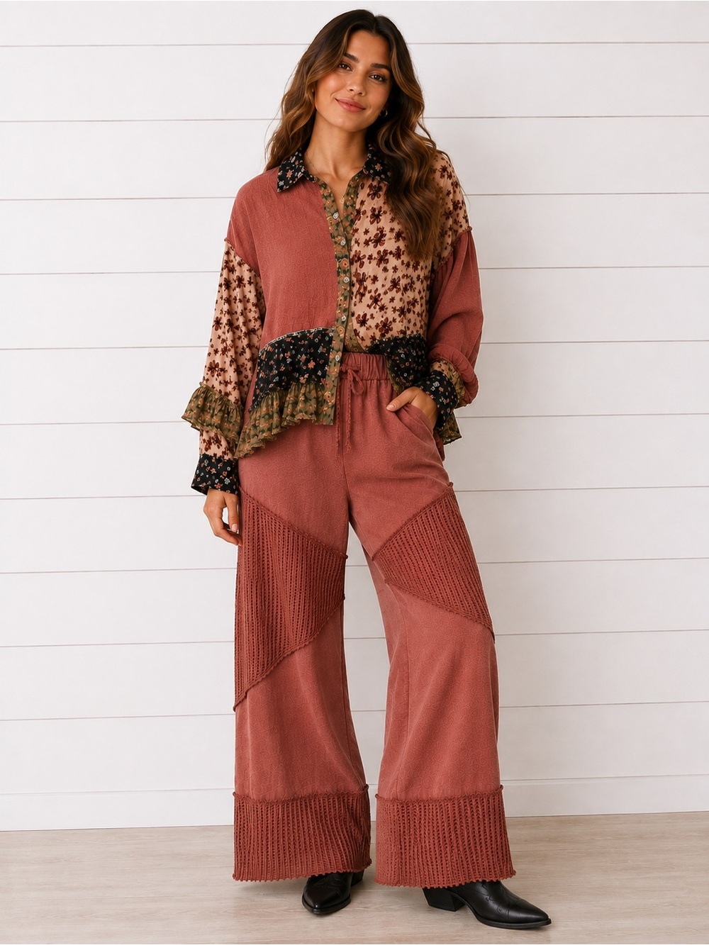 Boho GirLie POL SET: “The Larue” rustic red Wide-Leg Pants and floral top. - Picture 4 of 5